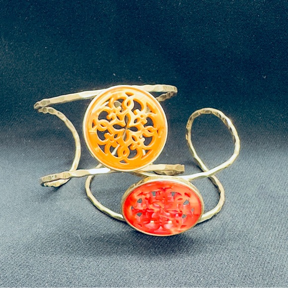 Two Orange Resin & Gold Trimmed Cuff Bracelets - Picture 1 of 6